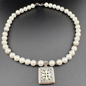 Vintage 18.5" Faux 10mm Pearls + Designer 1" Sterling Silver Cross Pendant Milo?